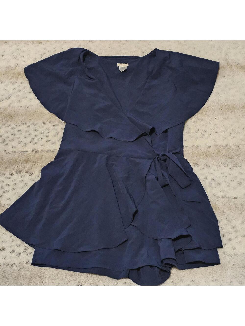 Main Strip Navy Blue Ruffle Faux Wrap Romper 1XL